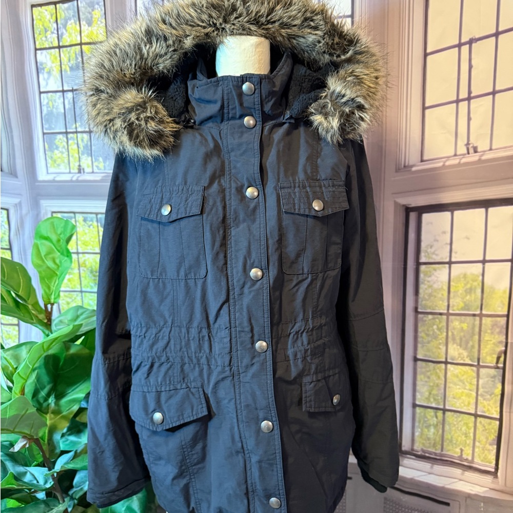 Apt 9 Jacket Coat Parka L Large Faux Fur Hood Zipper Snap Utility